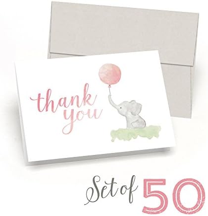 Beautiful Baby Shower Thank You Cards (Set of 50 Cards + Envelopes) - Watercolor Elephant &amp; Pink Balloon - By Palmer Street Press