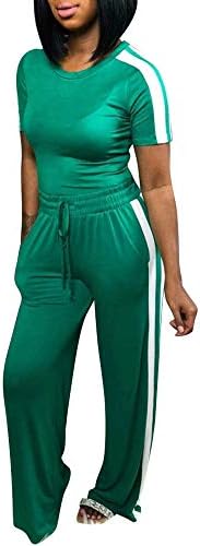 Women Casual 2 Piece Outfit Striped Print Short Sleeve Shirts Wide Leg Palazzo Pants Set Tracksuit