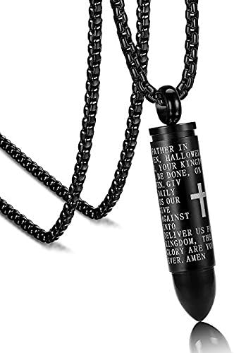 Halim English Lord's Prayer Stainless Steel Cross Bullet Pendant Necklace for Men, 22" Chain (Black)