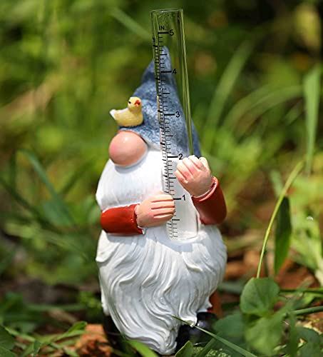 WXCTEAM Rain Gauges Gnome Garden Statue Decoration with Two Glass Rain Gauge Replacement Tube, Hand Painted Resin Gnome Sculpture Water Gauge for Yard Fence Patio Lawn Deck