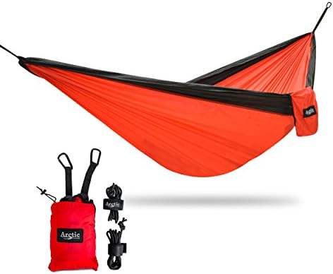 Double Camping Hammock by Arctic Current - Portable Lightweight Parachute Nylon Hammock for Camping, Backpacking or Travel - Includes Rope, Tree Friendly Nylon Straps &amp; Steel Carabiners (Red / Black)