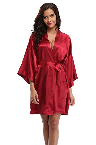 Women's Satin Rhinestone Short Wedding Kimono Robe for Bridesmaid, Red XS