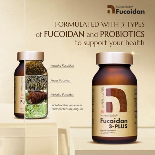 NatureMedic Fucoidan 3-Plus Brown Seaweed Immunity Supplement with Three Types of High Purity Fucoidan Organic Mekabu Fucus Mozuku Agaricus 160 Vegetable Capsules Made in Japan (1 Bottle)