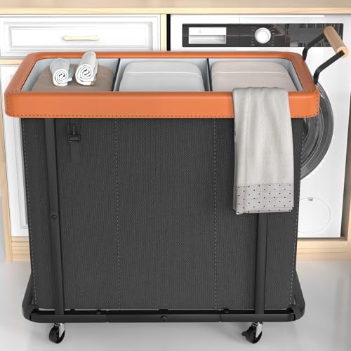 3 Section Laundry Hamper with Lid, 230L High Capacity Laundry Basket Sorter Cart with 4 Wheels, Leather Patchwork Handle for Towel, Cloth Organization