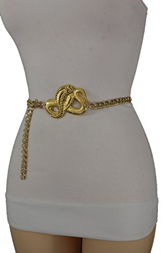 TFJ Women Fashion Belt Hip Waist Gold Metal Chains Cobra Snake Buckle Plus M L XL
