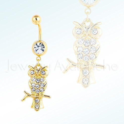 Silver OWL w/ CZ Belly Ring, Polished Screw-on 14G Banana Barbel 316L Surgical Steel Navel Ring - Yellow