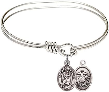 St. Christopher Marines Charm On A Child Sized 5 3/4 Inch Oval Eye Hook Bangle Bracelet