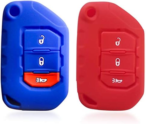 2pcs Dobrev 3 Buttons Flip Silicone Case Protector Key Fob Cover Smart Car Remote Holder Fit for 2018 2019 2020 Jeep Wrangler JL L Gladiator JT 68292942AA Keyless Entry Remote Key (red and blue)