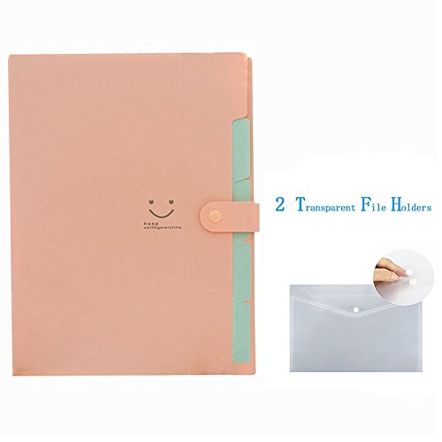 LANGSHOP Letter A4 Accordion Folder Expanding File Organizer 5 Pockets with 2 Transparent File Holders (Pink)