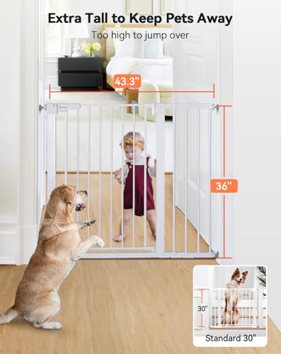 COMOMY Dog Gate, 91.5 cm Extra Tall, 75-110 cm Large Width Baby Safety Gate Automatic Closing, Durable Child Safety Barrier for Stairs, Pressure Mounted, White