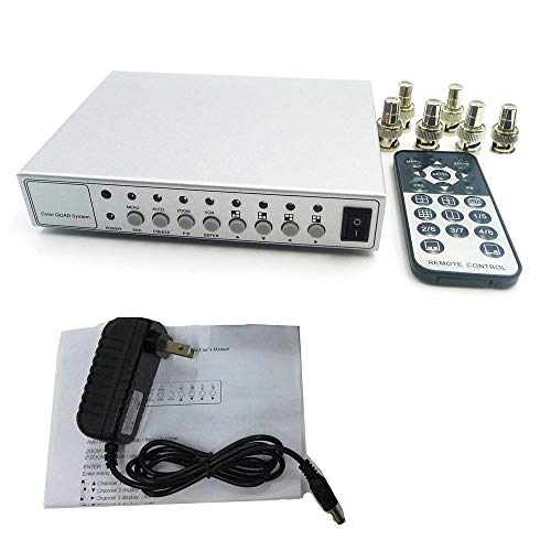 Video Quad Splitter, HD Color CCTV Security Video Camera Processor Kit Switcher Metal Case + 6 BNC Adapter & Remote Control