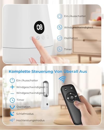 DDHTSAL 56 cm Small Quiet 32 dB Rotorless Fan with Remote Control, Magnetic Washable Filter, 8 Gears, 80° Oscillation, 9H Timer, 30 W Energy Saving Bladeless Fan for Bedroom, Home, Office
