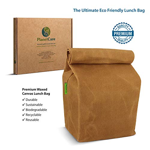 PlanetCare PREMIUM Waxed Canvas Lunch Bag: ECO-FRIENDLY lunch bag for kids, men and women: DURABLE, 16 oz canvas, 100% BIODEGRADABLE, plastic free, sustainable REUSABLE food storage: CLASSIC design