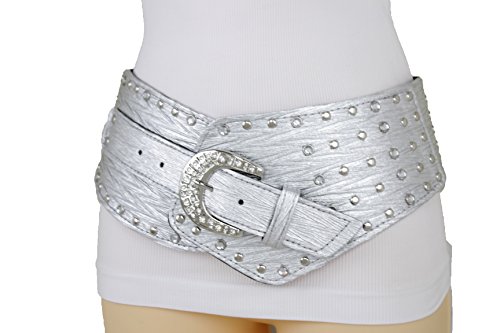 TFJ Women Wide Western Fashion Belt Hip Silver Metal Studded Buckle L XL Silver