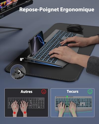 TECURS Ergonomic Wireless Keyboard with Wrist Rest, 2.4G Wireless Quiet Rechargeable Keyboard with Copilot, Backlit, AZERTY Computer Keyboard for Windows 11/10/8/7/Vista/XP, Linux