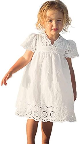 White Cotton Dress Girls Flutter Short Sleeve Flower Princess Dress Size3-10
