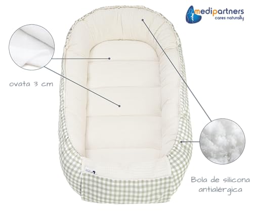 Nido Bebe Recien Nacido Reductor de Cuna - 100x60x15 Portátil o de Viaje de Colecho anticolicos Bilateral Bebés 100% Algodón Gofre (Cuadros con Oliva Gofre)