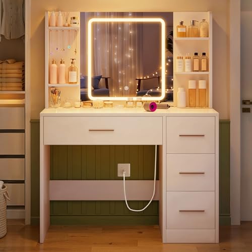TEENFON Vanity Desk with Large Mirror & Adjustable LED Lights, Makeup Vanity with Power Strip & 5 Jewel Hooks, Dressing Table with 4 Drawers & 6 Open Shelves for Bedroom, White