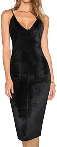 Liebeye Women's Evening Sexy Spaghetti Strap Bodycon Sleeveless Backless Velvet Sexy Short Club Dress (L, Black)