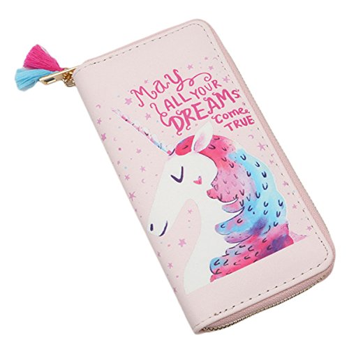 CH Cute Unicorn Girl’s Clutch Handbag Cards Holder Long Zip Wallet Purse (Pink)