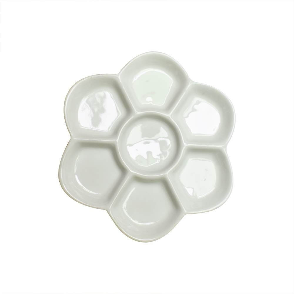 Yuauy 5" Diameter Flower Paint Palette Glazed Watercolor Painting Mixing Ceramic Palette, White, 1pcs