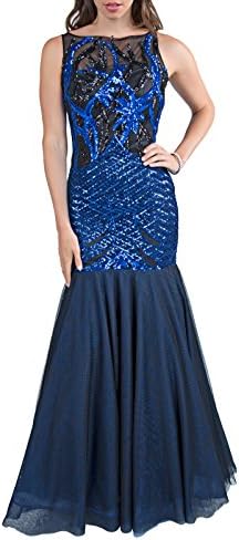 MILANO FORMALS Women's Paradise Fishtail Long Blue Sequin Evening Dress