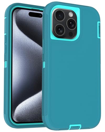 Aliruke for iPhone 15 Pro Case, 3-Layer Combo Heavy Duty Defender Armor, 16ft Drop Protection, Rugged Non-Slip Shockproof Phone Case with Charging Port Cover, Teal