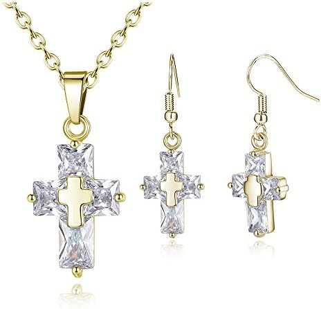 BONFASH Fashion Crystal Cross Necklace Earring Set Gold Jewelry Set for Women Girls