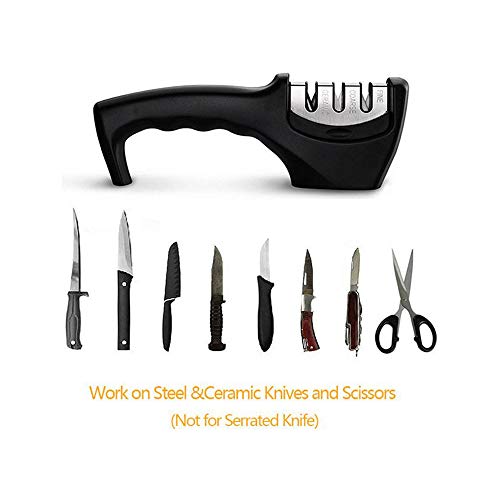 Kitchen Knife Sharpener, 3 Stage Coated Wheel System, Stainless Steel for Straight Tungsten/Diamond/Ceramic Knives Black