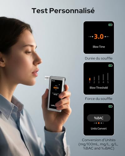 LAFMATE AT-160 Alcohol Tester, High Precision Alcohol Tester with Adjustable Alarm Threshold, LCD Display, Test Memory, Comes with 10 Tips - Perfect for Home Use