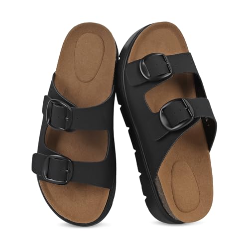 Gengzai Black Womens Platform Wedge Sandals Chunky Heel Slip On Slides Platform Footbed Sandals Comfortable Summer Shoes with Adjustable Buckle at Amazon