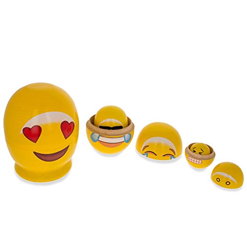 4" Emoji Wooden Nesting Dolls - In Love, Laughing, Cool Sunglasses, Grin