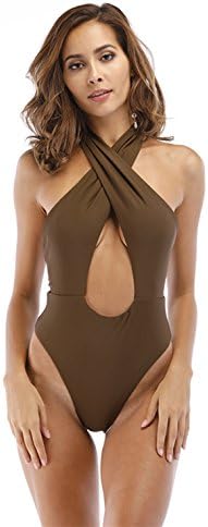 Ropaus Sexy High Neck Crisscross Front Open Back One Piece Halter Bikini Chic Tie Knot Cutout Bathing Suit Solid Khaki