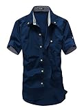 Allegra K Men Short Sleeves Button Down Shirt w Pocket Navy Blue M