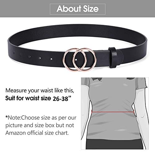 WERFORU Ledergürtel für Damen mit Goldene Schnalle Mode Doppel Rund Schnalle Gürtel Vintage Llässiger Hüftgürtel Taillengürtel für Jeans Hosen Kleider schwarz