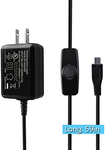 Cooreo Raspberry Pi 3 Power Supply Adapter/Charger DC/AC 5V 2.5A with On/Off Switch, 5 Feet Micro USB Cable Compatible with Raspberry pi 2 3 Model B