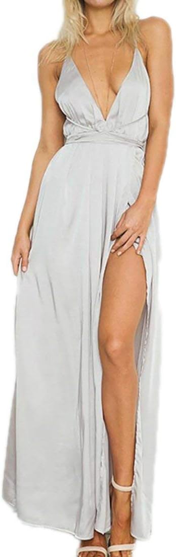 dreamering Deep V Neck Bandage Backless Solid Color Sexy Beach Dress Womens