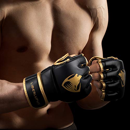 Liberlupus MMA Gloves, UFC Boxing Fight Gloves MMA Mitts with Adjustable Wrist Band for Sanda Sparring Punching Bag Training (Black & Gold, S/M) - Thumbnail 5
