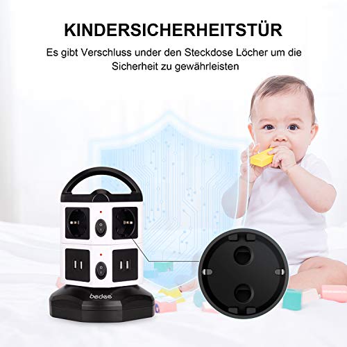 bedee Steckdosenleiste, Vertikale Mehrfachsteckdose, 6 Fach Steckdosenturm mit 4 USB Ladeanschlüsse Überspannungsschutz Steckdose, Tragbar Steckdosen mit Schalter 6,6ft Kabel für TV/PC/Laptops/iPhone