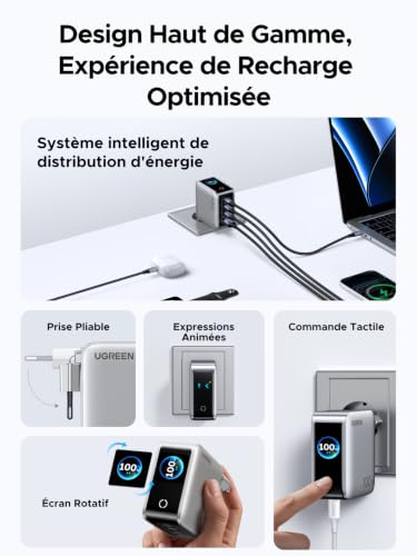 UGREEN Nexode Pro 100W Chargeur Rapide USB C 4 Ports avec Écran Intelligent GaN Compatible avec iPhone 17 Pro Max Air 16 15 14 13 Galaxy S26 S25 S24 Pixel 10 9 iPad MacBook Neo Air Pro M5 M4 M3 M2 M1