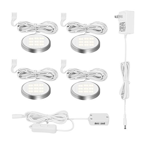 LUNSY LED Under Cabinet Lighting Puck Lights(3000K-6000K), Max 9W,460 Lumens,for Bedroom,Closet,Display Lighting (Set of 4)