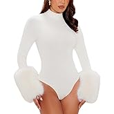 NIFTRIRY Bodysuits for Women Sexy Bodycon Long Sleeve with Faux Fur Cuffs Going Out Club Outfits