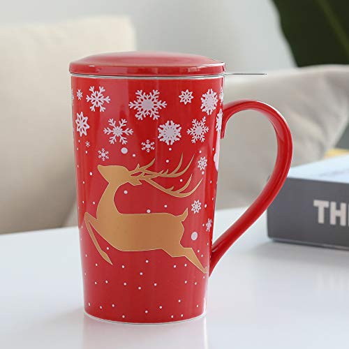 TEANAGOO M58-12 Porcelain Tea-Cup with infuser and Lid, 18 OZ, Red Golden Deer, Best Gift for Christmas & New Year