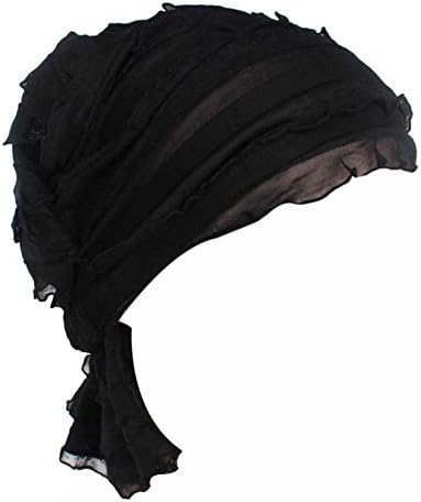 MTFS Women's Abbey Cap Beanie Turban Headwear Ruffle Chemo Hat (Black)
