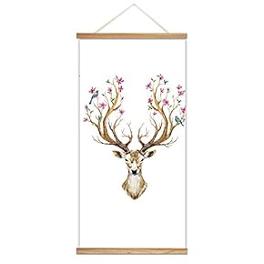 Hanging Poster Wooden Framed Big Beautiful Horn Deer Theme Home Wall Canvas Prints Ready to Hang - 18"x36"