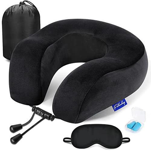 Fabuday Memory Foam Travel Pillow - Neck Pillows for Travel Soft Washable Cover for Traveling, Airplanes, Car, Airplane Pillow for Neck Support Plane Kit with Flight Storage Bag, Sleep Mask, Black