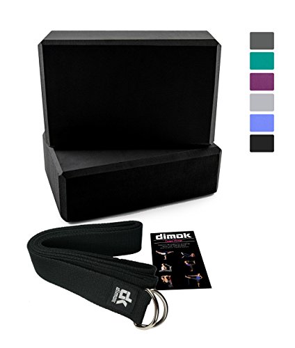 dimok 2 Yoga Blocks Yoga Strap Set – Foam Bricks 9″x6″x4″ and 8FT Yoga Belt with Metal D-Ring – High Density Eco-Friendly Premium Quality (Black)