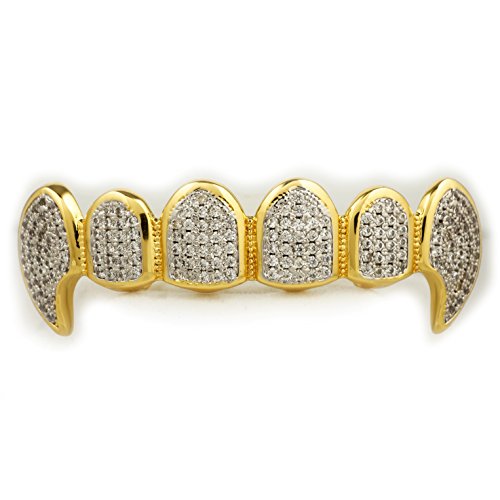 Buy 18K Gold Plated CZ Vampire Dracula Fangs Top Bottom Rhodium GRILLZ