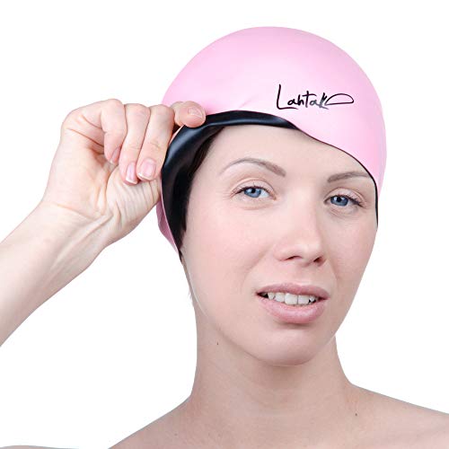 Swim Cap Reversible 3D - Swimming Cap Women Men - Silicone Swim Cap Waterproof- Best for Short and Medium Long Hair - Adult Swim Cap - Youth Swim Cap - Swim Hats (Black & Rose Quartz)