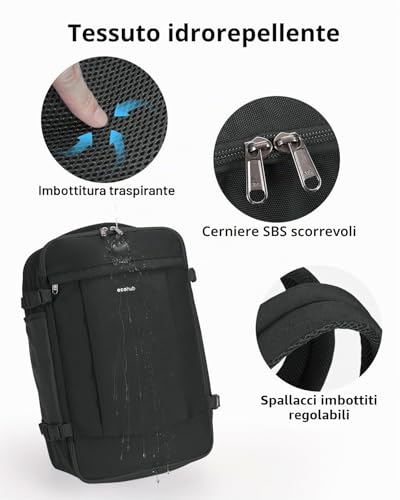 ECOHUB Ryanair 20L Backpack, 40 x 20 x 25 cm, Airplane Travel Backpack with 3D Laptop Compartment, Water Resistant Hand Luggage 40 x 20 x 25 cm, Ryanair, Recycled Travel Backpack for Women, Men, Black